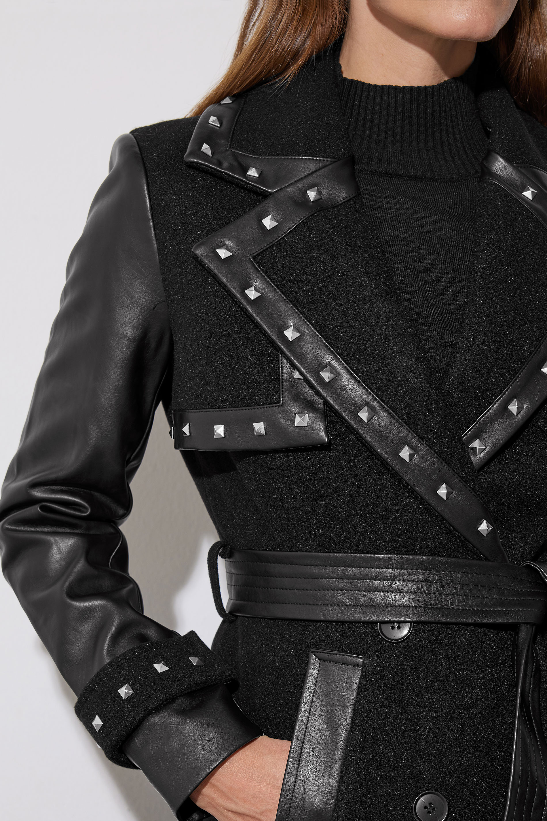STAR Black Faux Leather Studded Trench Coat | STAR x JM 6