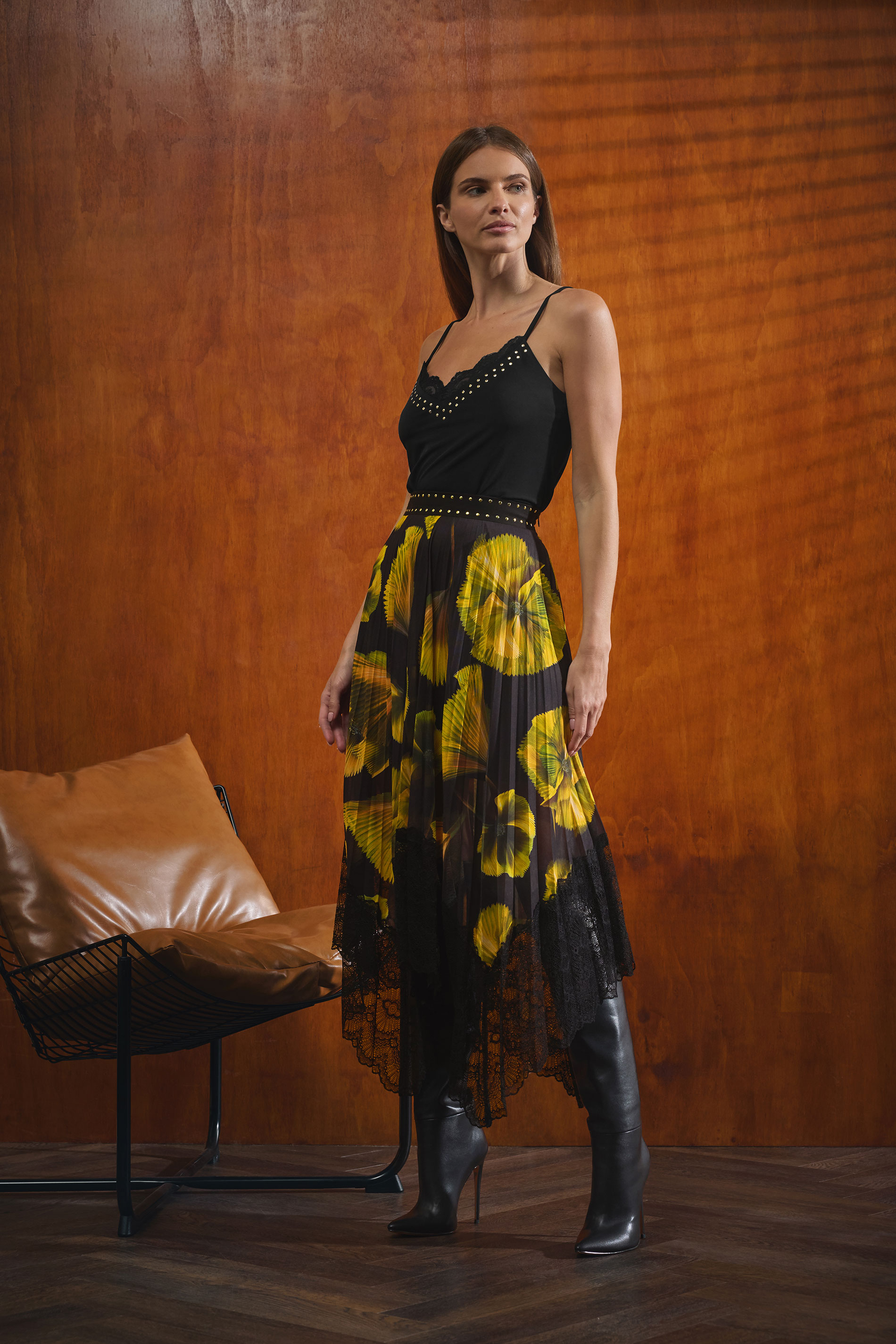 STAR Yellow Floral Pleated Mesh Skirt | StarByJM 1