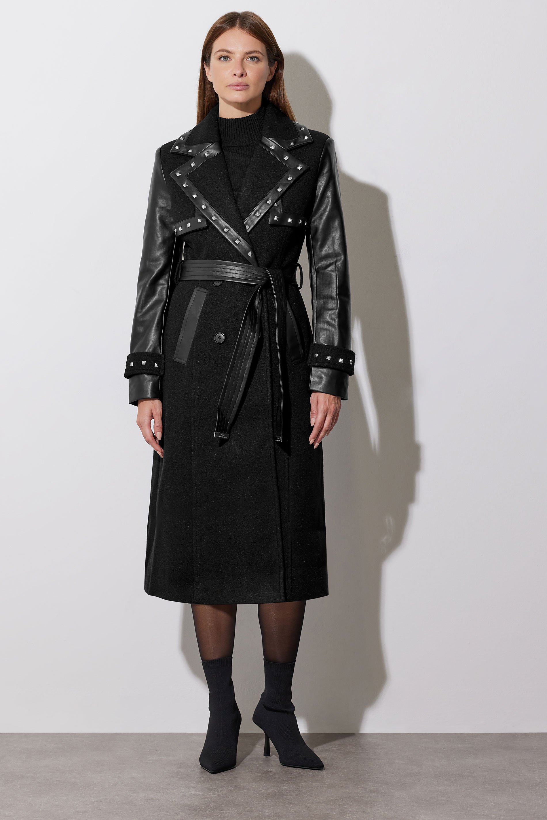 STAR Black Faux Leather Studded Trench Coat | STAR x JM