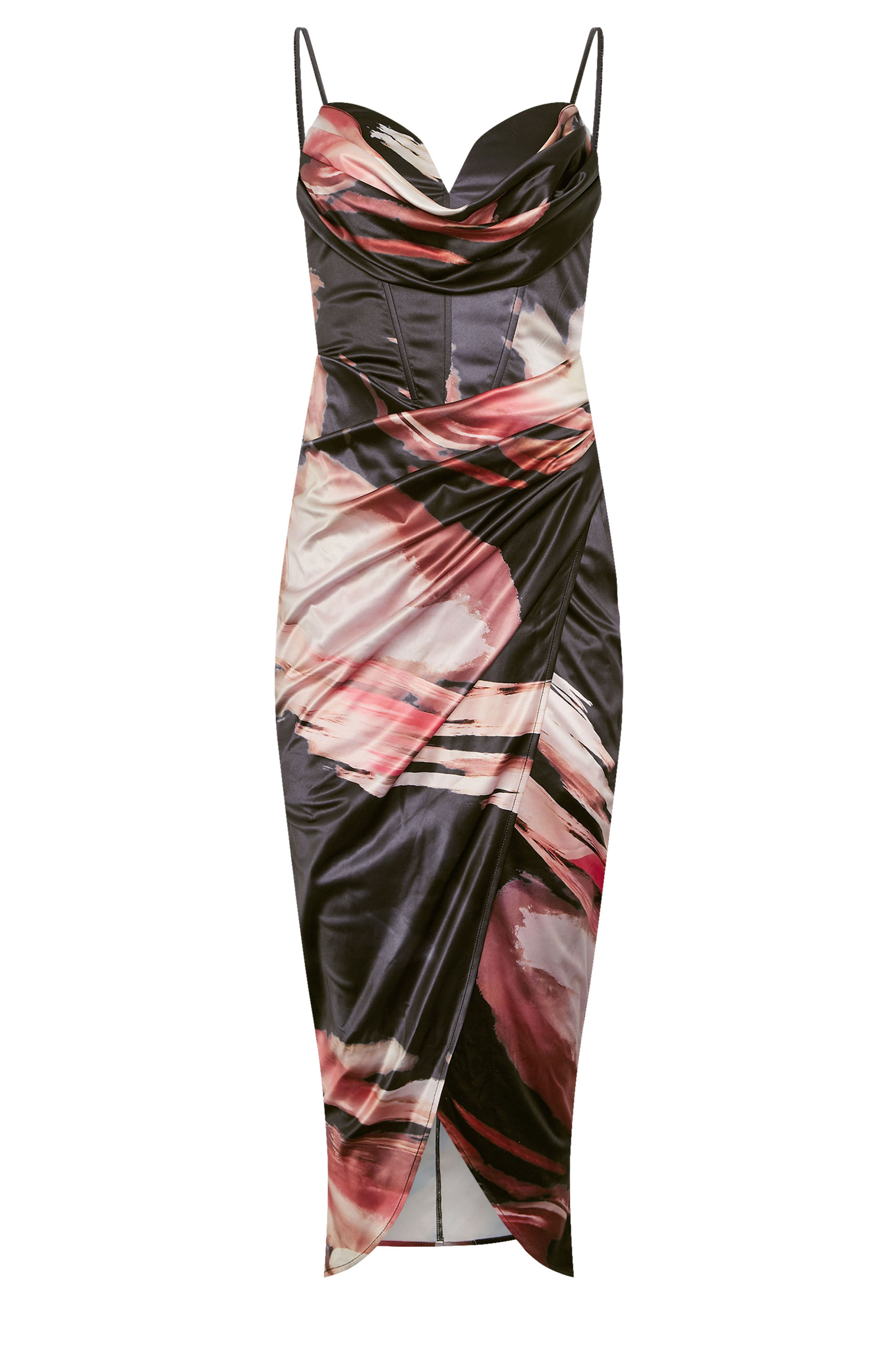 STAR Black Abstract Satin Corset Cowl Wrap Dress | StarByJM 6