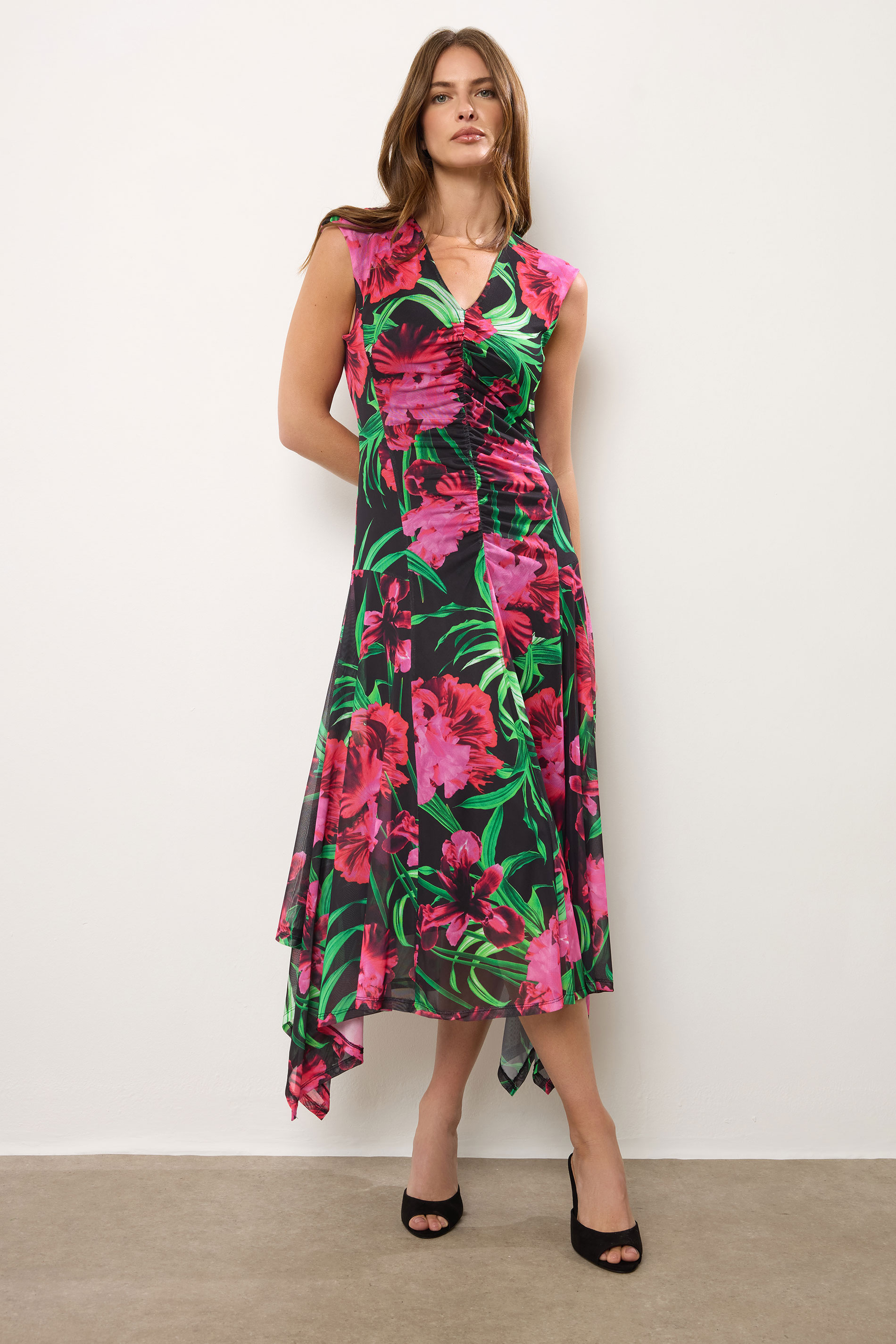 STAR Black Mesh Floral Hanky Hem Midi Dress | StarByJM 1