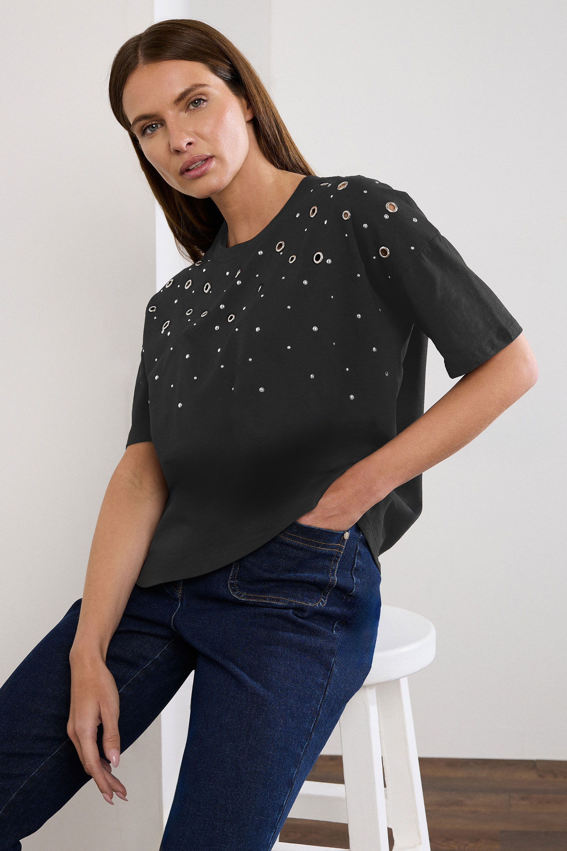 STAR Black Eyelet Detail Short Sleeve T-Shirt | StarByJM 1