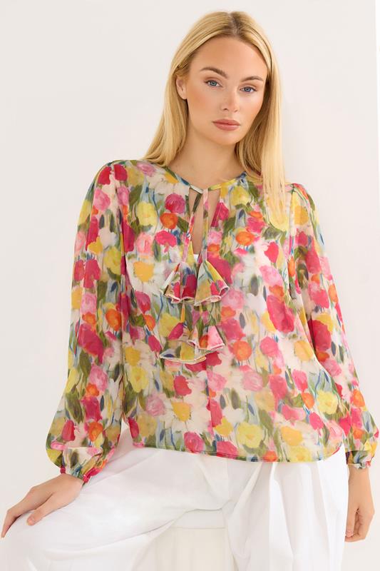 Women's Evening Tops STAR Pink Floral Frill Blouse