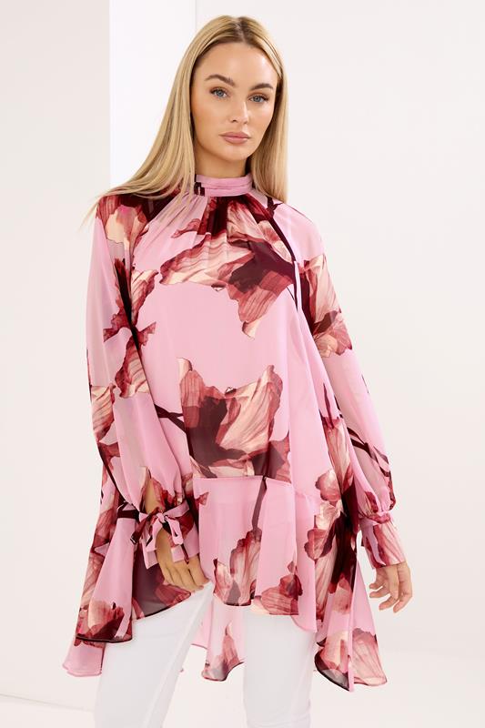 Women's Printed Tops STAR Pink Floral Print Dipped Hem Tunic Top