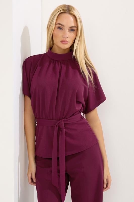 Women's Evening Tops STAR Red High Neck Belted Top