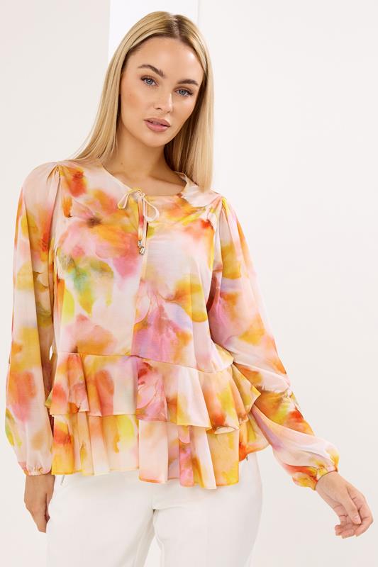 Women's Printed Tops STAR Orange Abstract Frill Hem Blouse