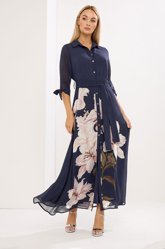 Women's Maxi Dresses STAR Navy Blue Floral Print Shirt Dress