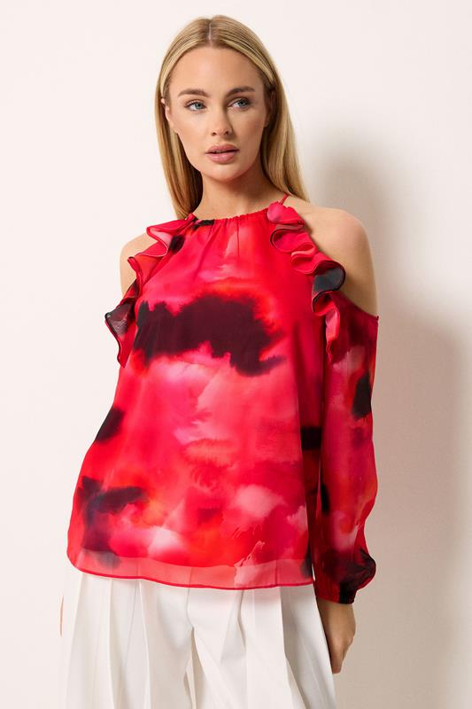 Women's Evening Tops STAR Red Blurred Floral Cold Shoulder Top