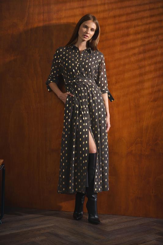 Women's Maxi Dresses STAR Black Spot Print Belted Shirt Dress
