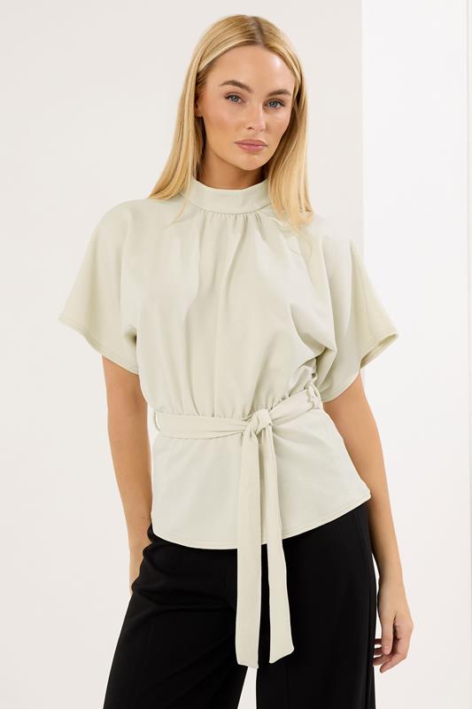 Women's Evening Tops STAR Natural Brown High Neck Belted Top