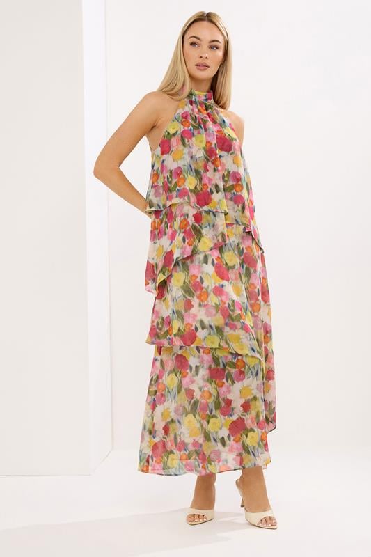 Women's Maxi Dresses STAR Pink Floral Tiered Halterneck Dress