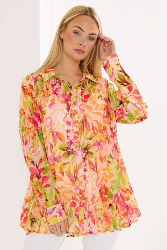 Women's Evening Tops STAR Orange Floral Pleated Shirt