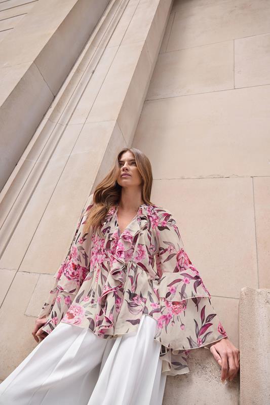 Women's Shirts & Blouses STAR Pink Floral Fluted Sleeve Ruffle Blouse