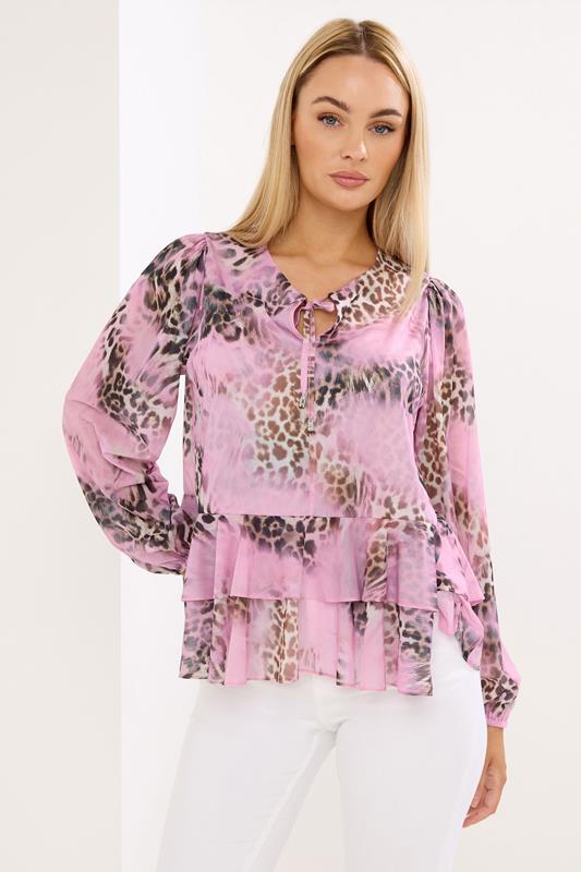 Women's Printed Tops STAR Pink Animal Frill Hem Blouse