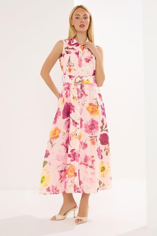 Women's Printed Dresses STAR Pink Floral Sleeveless Shirt Dress
