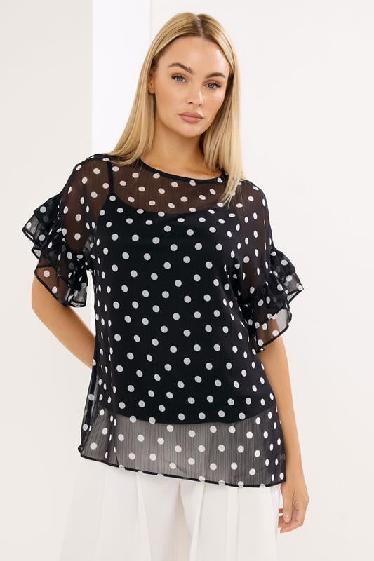 Women's Printed Tops STAR Black Polka Dot Mesh Top