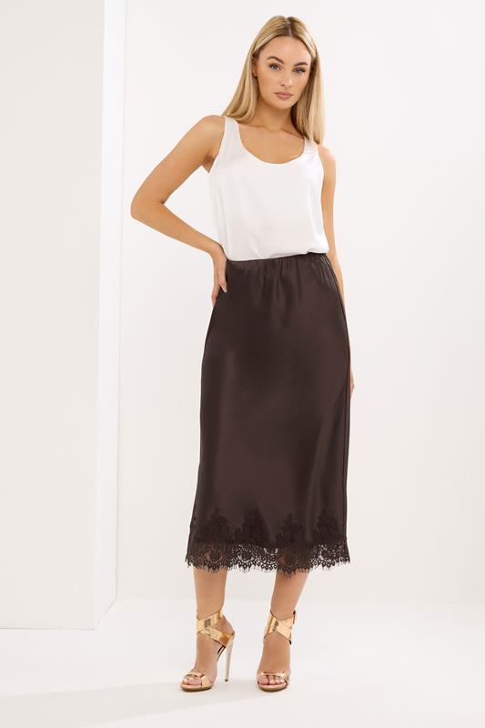 Women's Midi Skirts STAR Brown Lace Trim Satin Skirt
