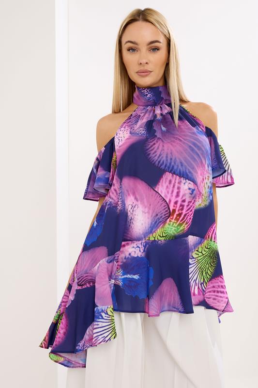 Women's Printed Tops STAR Purple Floral Cold Shoulder Top