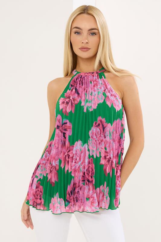 Women's Printed Tops STAR Green Floral Pleated Halterneck Top