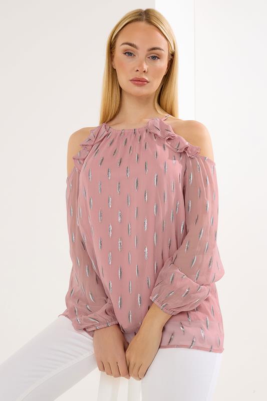 Women's Evening Tops STAR Pink Metallic Cold Shoulder Top