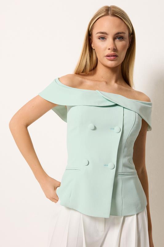 Women's Evening Tops STAR Mint Green Button Detail Bardot Top