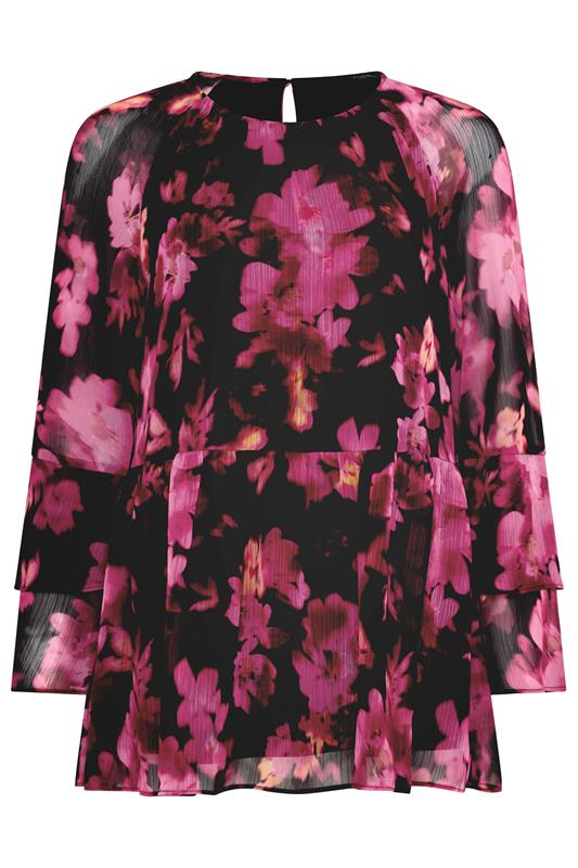 Women's Printed Tops STAR Black Floral Frill Sleeve Blouse