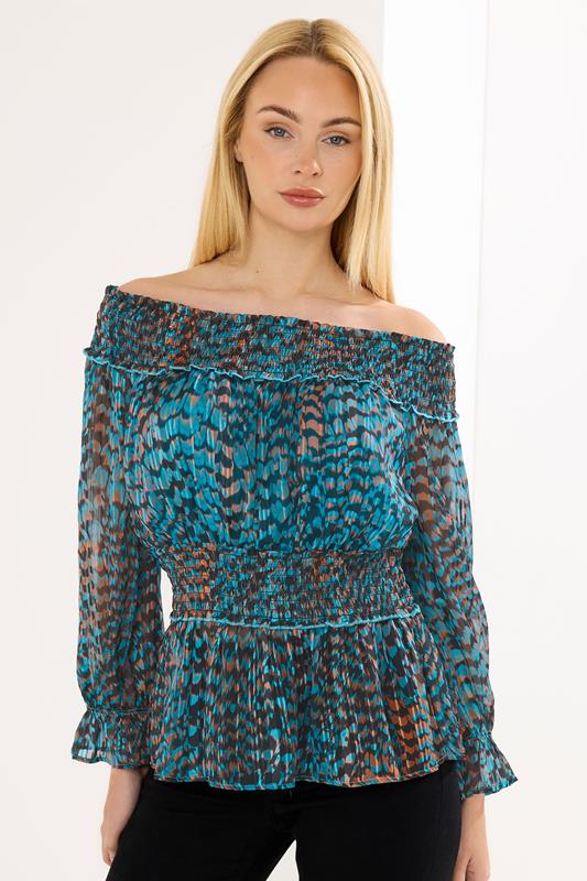 Women's Evening Tops STAR Teal Blue Printed Bardot Top