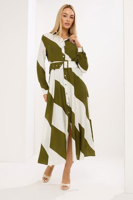 Women's Maxi Dresses STAR Khaki Green Stripe Shirt Dress