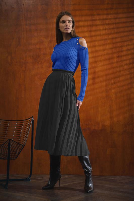 Women's Midi Skirts STAR Black Pleated Belt Buckle Maxi Skirt