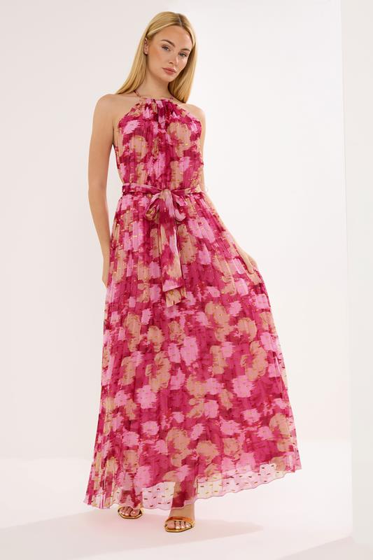 Women's Maxi Dresses STAR Pink Blurred Abstract Metallic Pleated Dress