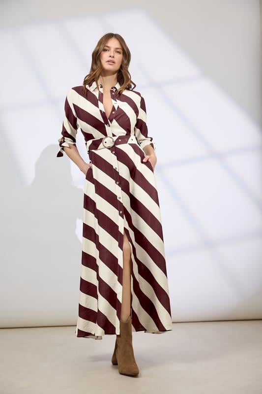 Women's Maxi Dresses STAR Burgundy Red Stripe Shirt Dress