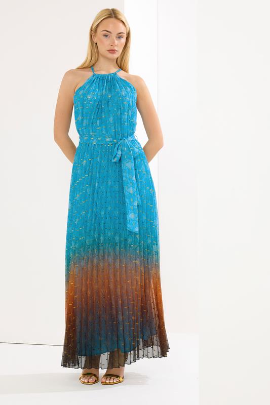Women's Maxi Dresses STAR Blue Snake Skin Metallic Pleated Dress