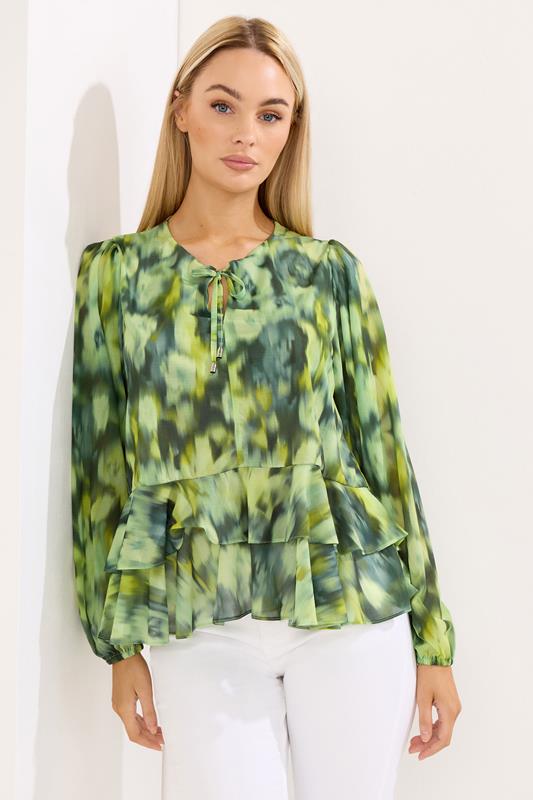 Women's Evening Tops STAR Green Abstract Frill Hem Blouse