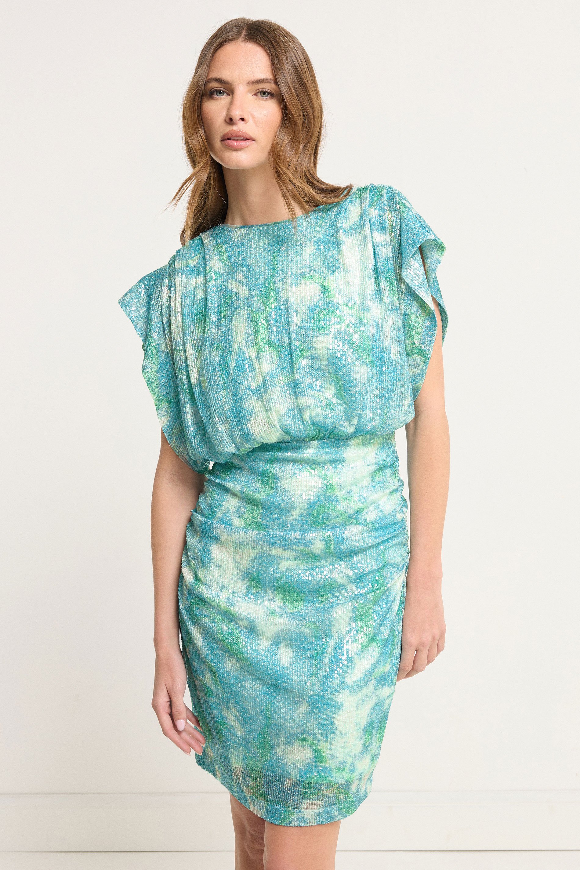 STAR Turquoise Green Sequin Ruched Mini Dress | StarByJM 3