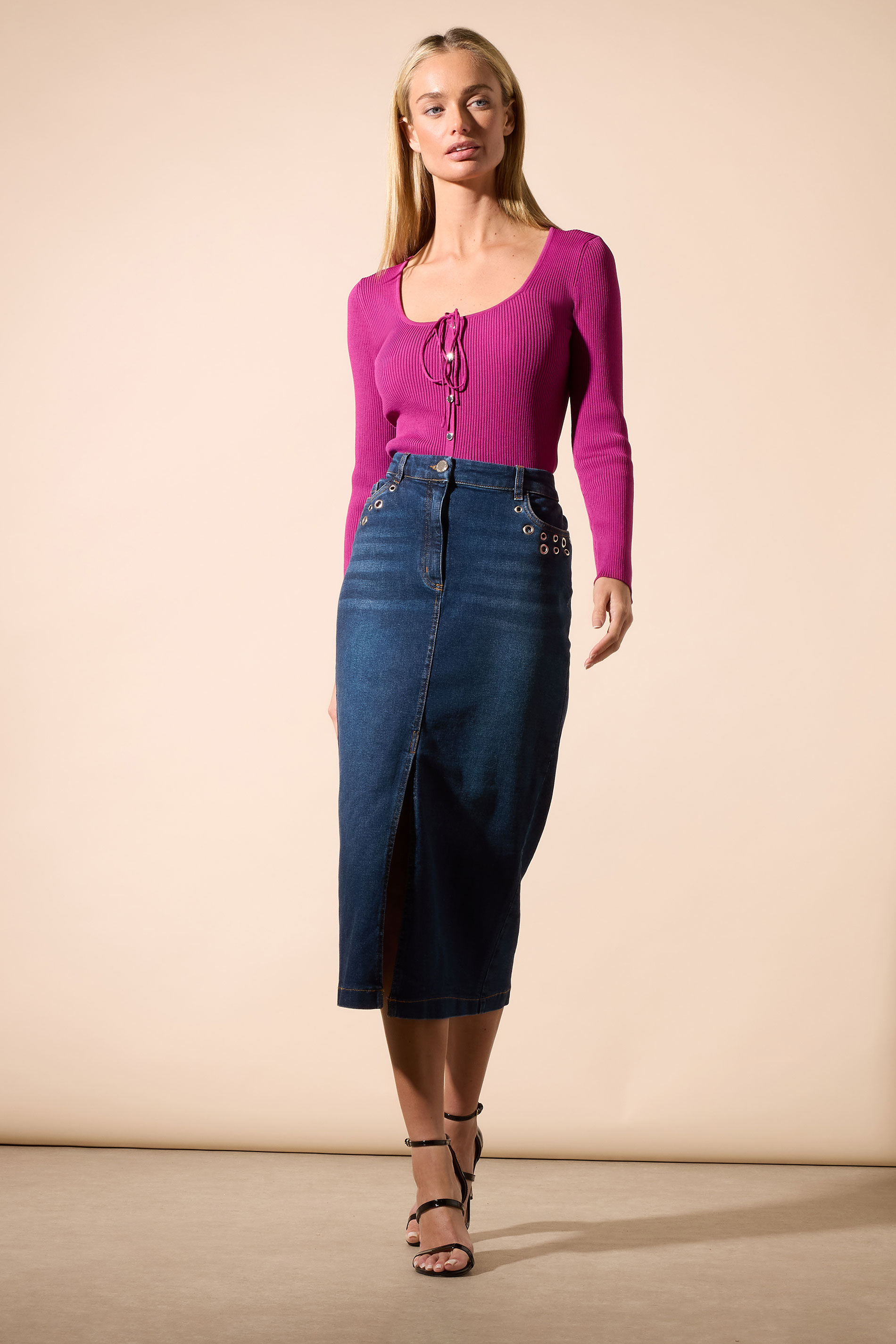 STAR Blue Eyelet Midi Denim Skirt | StarByJM 1