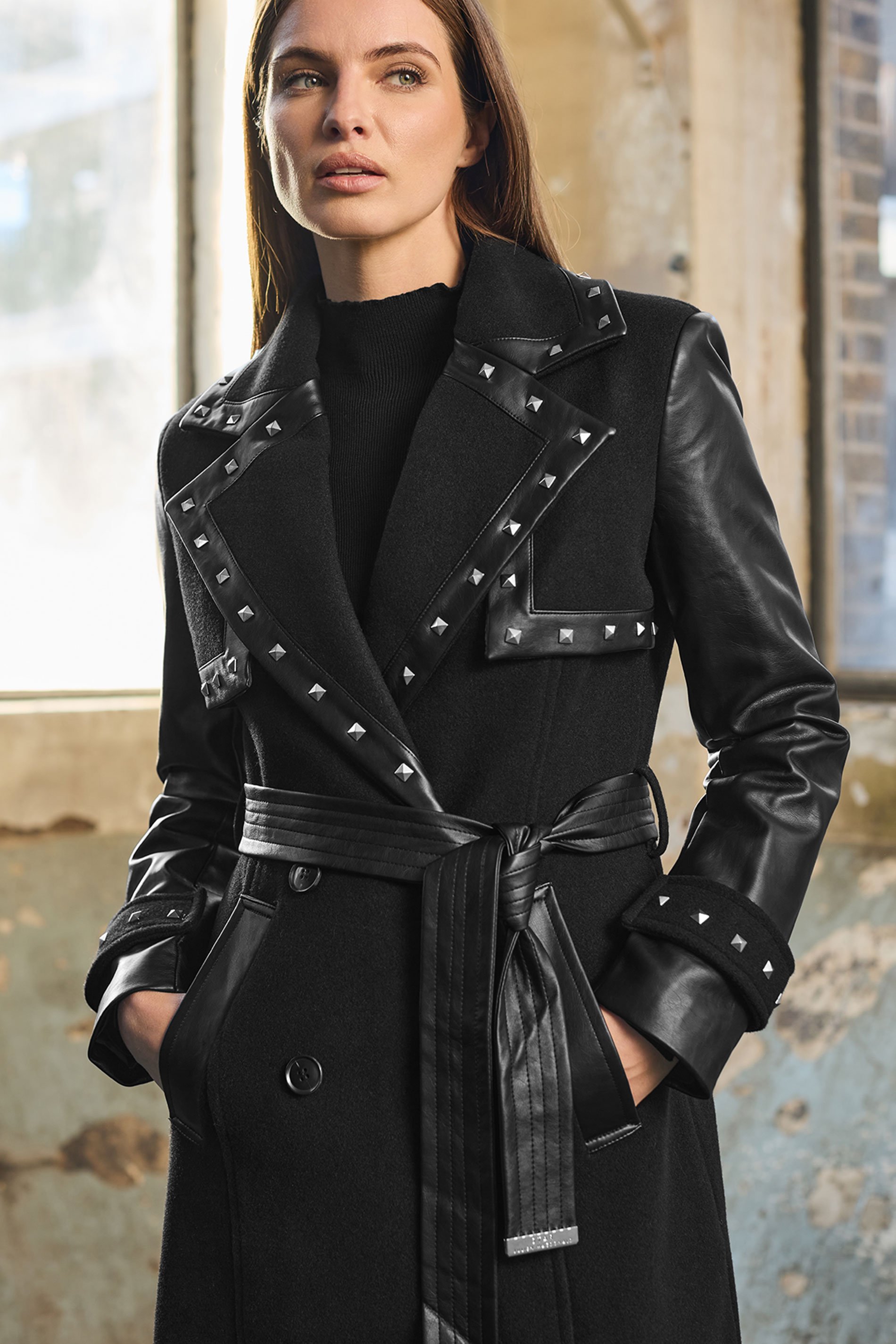 STAR Black Faux Leather Studded Trench Coat | STAR x JM
